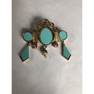 Vintage R. Mandle Oval Faux Turquoise Gold Tone Ornate Designer Brooch Pin